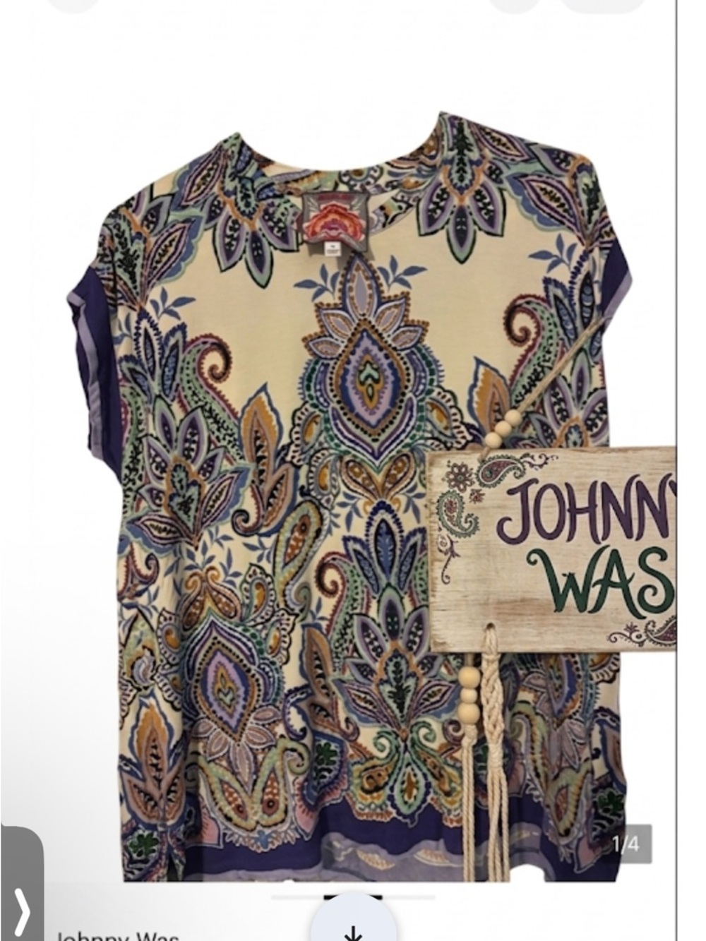 Johnny Was Cream Paisley Cap-Sleeve Top with Purple & Green  23 ptp